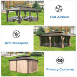 Domi 12' X 20' Hardtop Gazebo, Aluminum Metal Gazebo with Galvanized Steel Double Roof Canopy, Curtain and Netting, Permanent Gazebo Pavilion for domi outdoor living