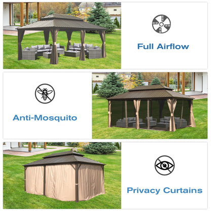 Domi 12' X 20' Hardtop Gazebo, Aluminum Metal Gazebo with Galvanized Steel Double Roof Canopy, Curtain and Netting, Permanent Gazebo Pavilion for