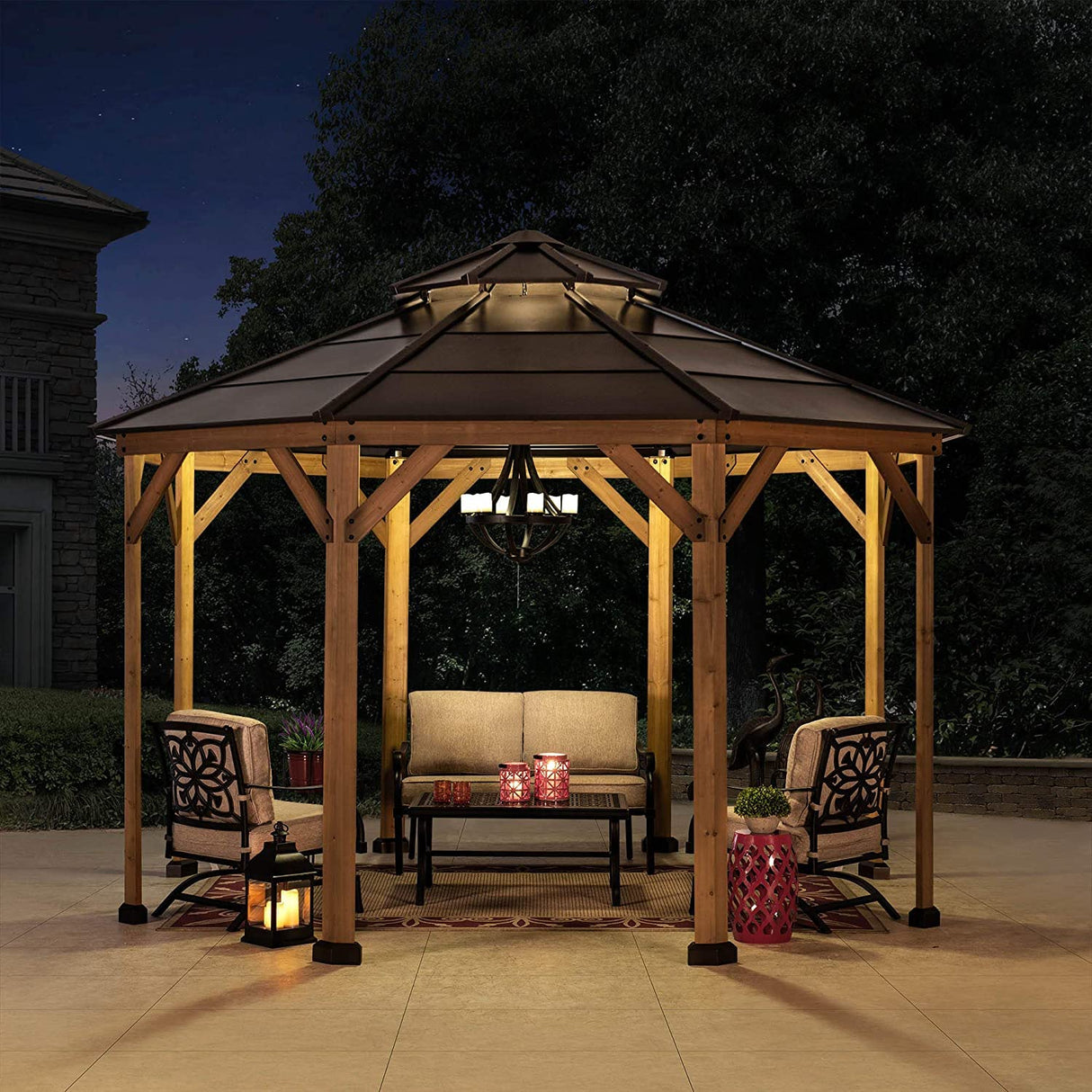 Sunjoy Ion Collection 13 x 13 ft. Cedar Framed Octagon Wood Gazebo with Brown Double Tiered Steel Hardtop Roof and Ceiling Hook for Garden, Backyard Sunjoy
