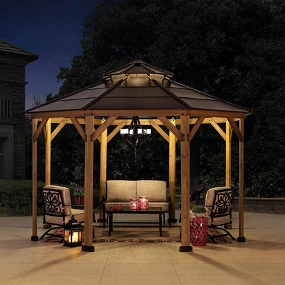 Sunjoy Ion Collection 13 x 13 ft. Cedar Framed Octagon Wood Gazebo with Brown Double Tiered Steel Hardtop Roof and Ceiling Hook for Garden, Backyard - WoodArtSupply