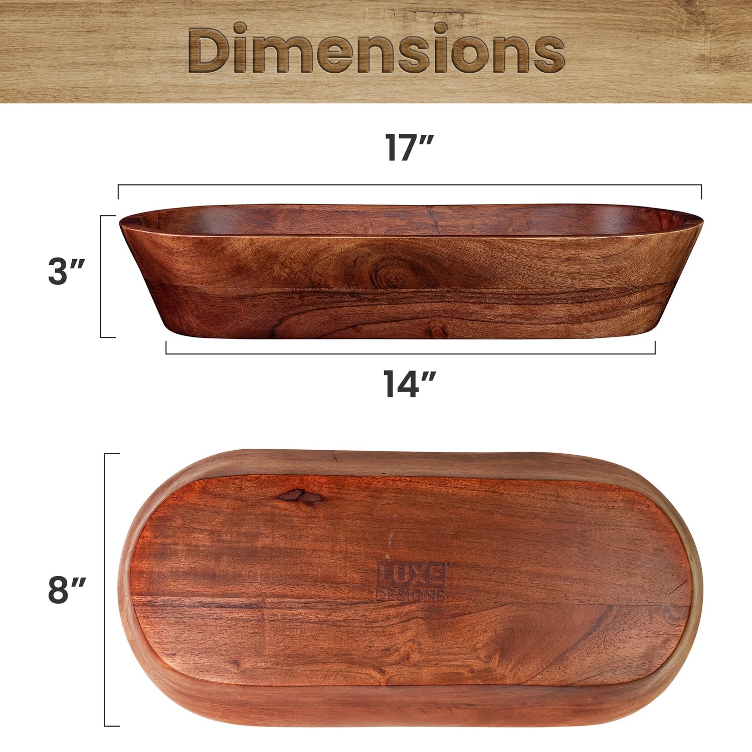 Wooden Dough Bowl - Dark Burnt Acacia Wood Rustic Dough Bowl - Handmade Decorative Bowls for Home Decor, Bathroom, Kitchen Counter, & More - Large Luxe Designs
