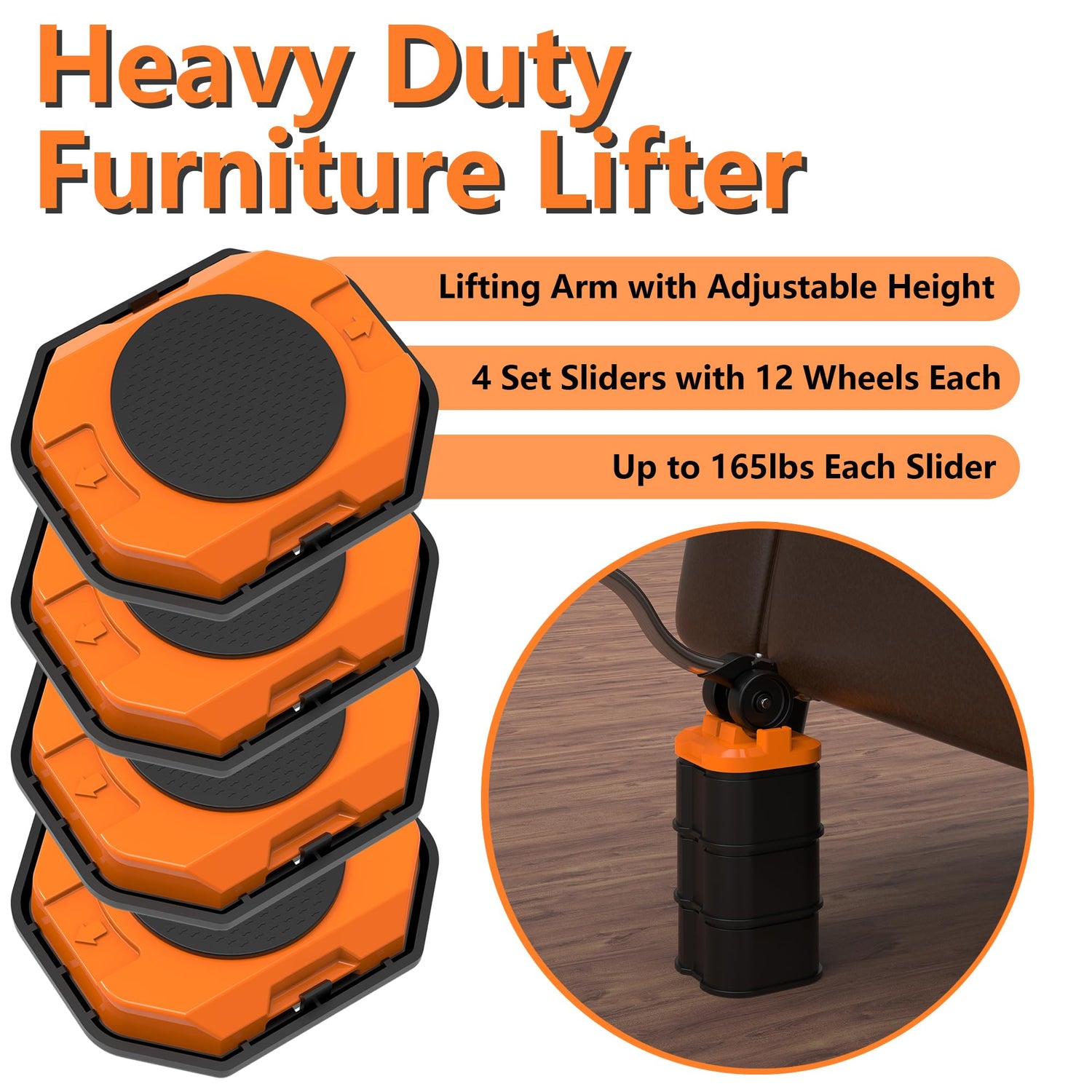 Furniture Lift Mover Tool, Heavy Duty Furniture Lifter and Movers Set with Sliders - Easily Move Heavy Items on Hardwood Flooring and Carpet (Orange) ONEON