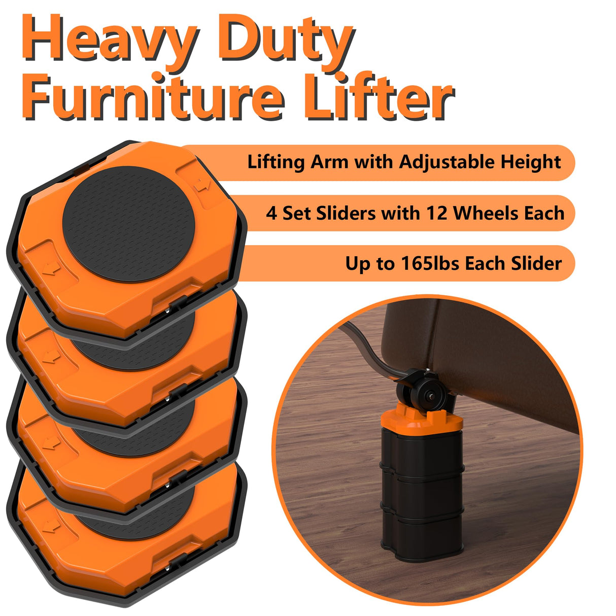 Furniture Lift Mover Tool, Heavy Duty Furniture Lifter and Movers Set with Sliders - Easily Move Heavy Items on Hardwood Flooring and Carpet (Orange) ONEON