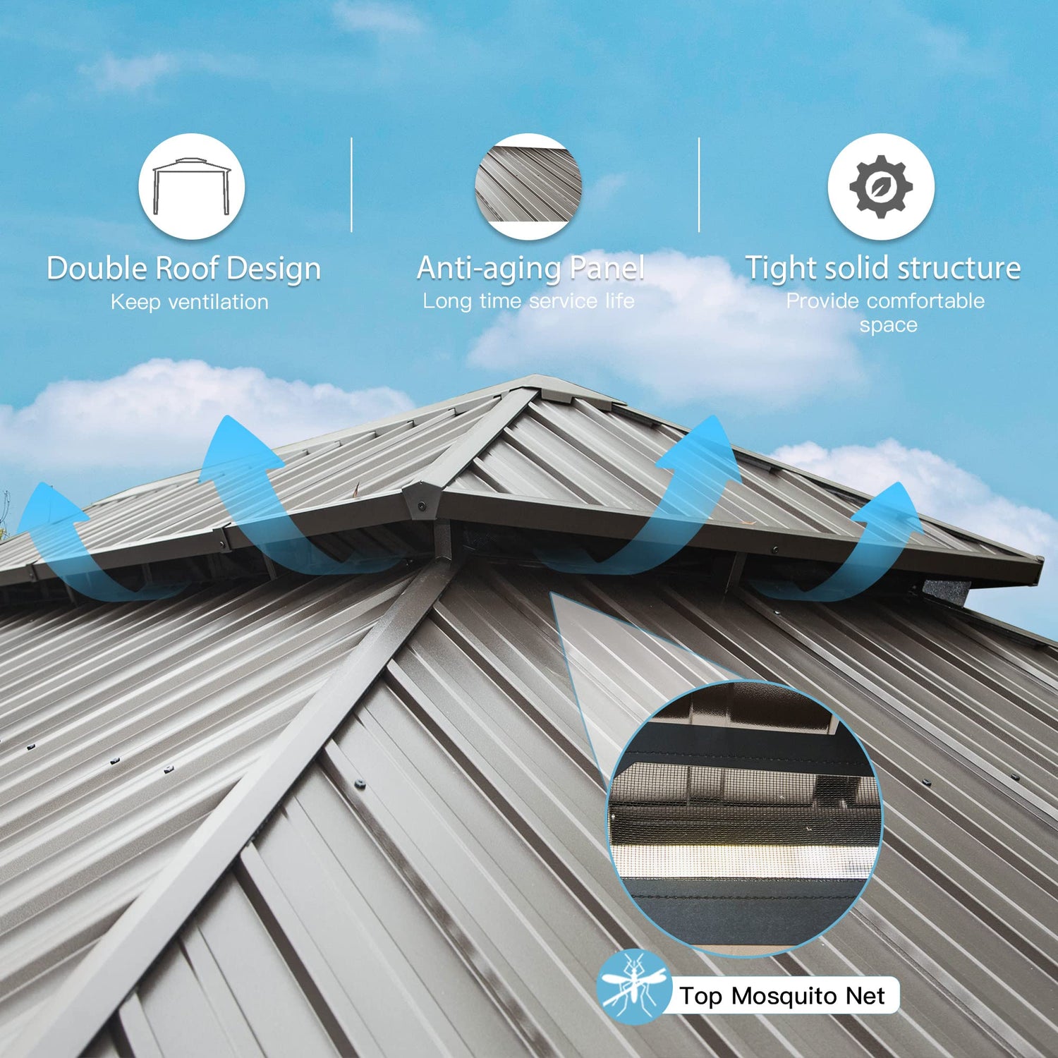 Domi Hardtop Gazebo 12’x20’ Cedar Frame Wood Gazebo with Galvanized Steel Double Roof, Outdoor Permanent Metal Gazebo with Curtains and Netting for domi outdoor living