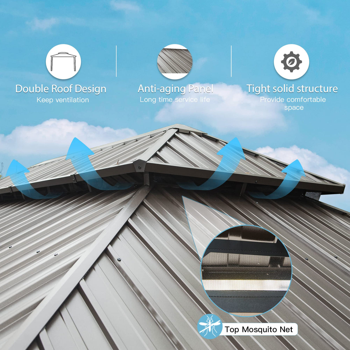 Domi Hardtop Gazebo 12’x20’ Cedar Frame Wood Gazebo with Galvanized Steel Double Roof, Outdoor Permanent Metal Gazebo with Curtains and Netting for domi outdoor living