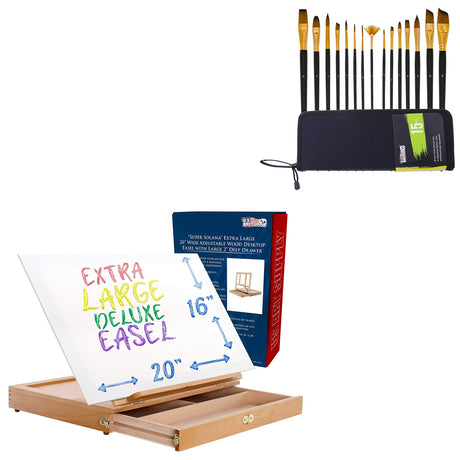 U.S. Art Supply Extra Large Adjustable Wood Desk Table Easel with Storage Drawer Bundle with 15 Piece Long Handle Artist Paint Brush Set US Art Supply