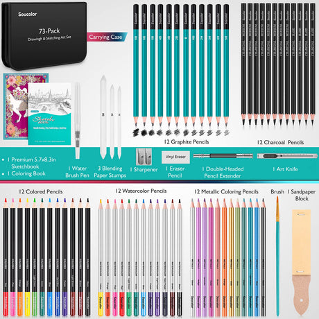 Soucolor 73 Art Supplies for Adults Kids, Art Kit Drawing Supplies Sketching Pencils Coloring Set with Sketchbook, Coloring Book, Charcoal Metallic Soucolor