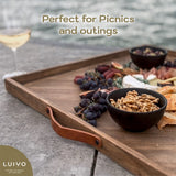 LUIYO Large Ottoman Wood Tray- with Leather Handle Decorative Wooden 24 x 24 x1.5 Inches Square Serving Tray Best for Coffee Table, Living Room and LUIYO