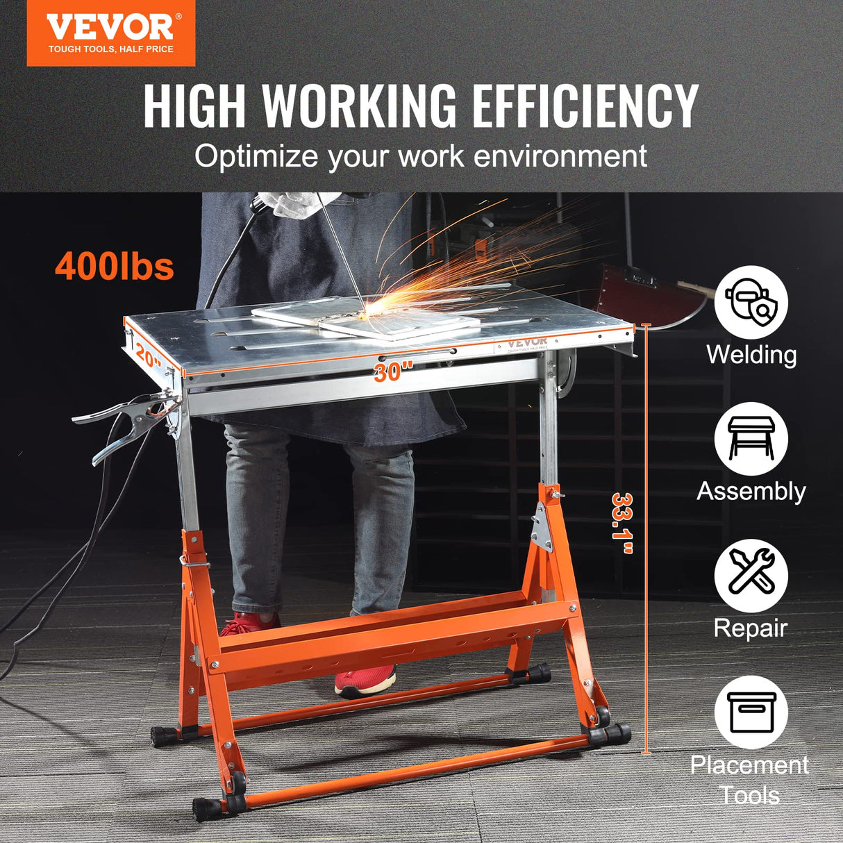 VEVOR Welding Table 30"x20", 400lbs Load Capacity Steel Welding Workbench Table on Wheels, Folding Work Bench with Three 1.1" Slot, 3 Tilt Angles, VEVOR