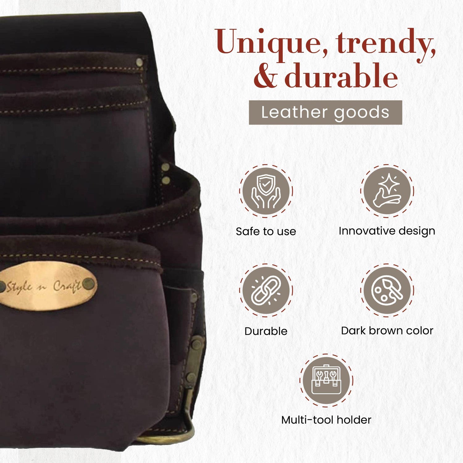 Style n Craft 10-Pocket Carpenter’s Nail & Tool Pouch, Heavy-Duty Leather Tool Pouch, Perfect and Durable Oiled Full-Grain Leather Pouch, Dark Brown Style N Craft