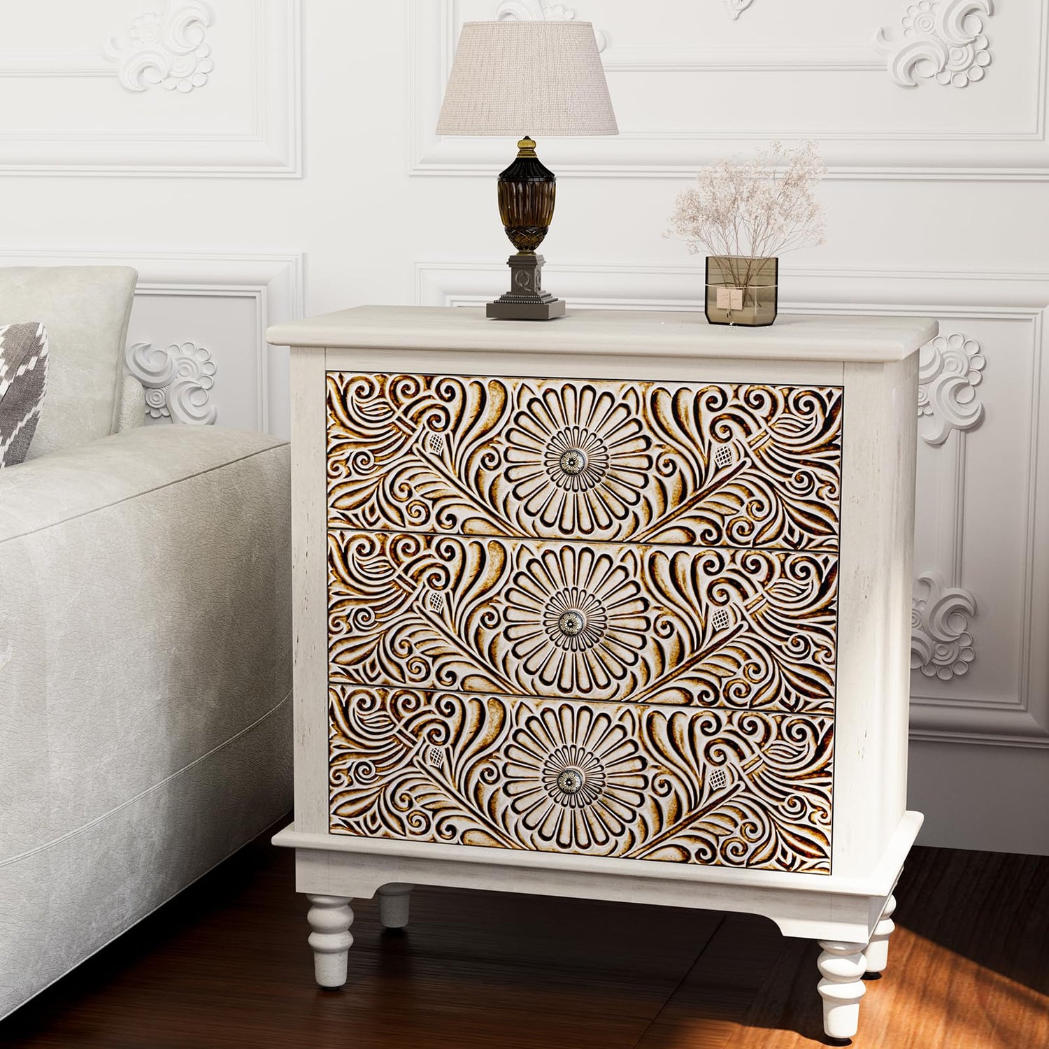 HOMPUS End Table w Flower Pattern, Nightstand w 3 Storage Drawers, Small Night Stand w Wood Grain Finish, Accent Table Side Table, Small Chest HOMPUS