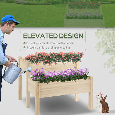 Outsunny 34"x34"x28" Raised Garden Bed, 2-Tier Elevated Wood Planter Box for Backyard, Patio to Grow Vegetables, Herbs, and Flowers, Natural Outsunny