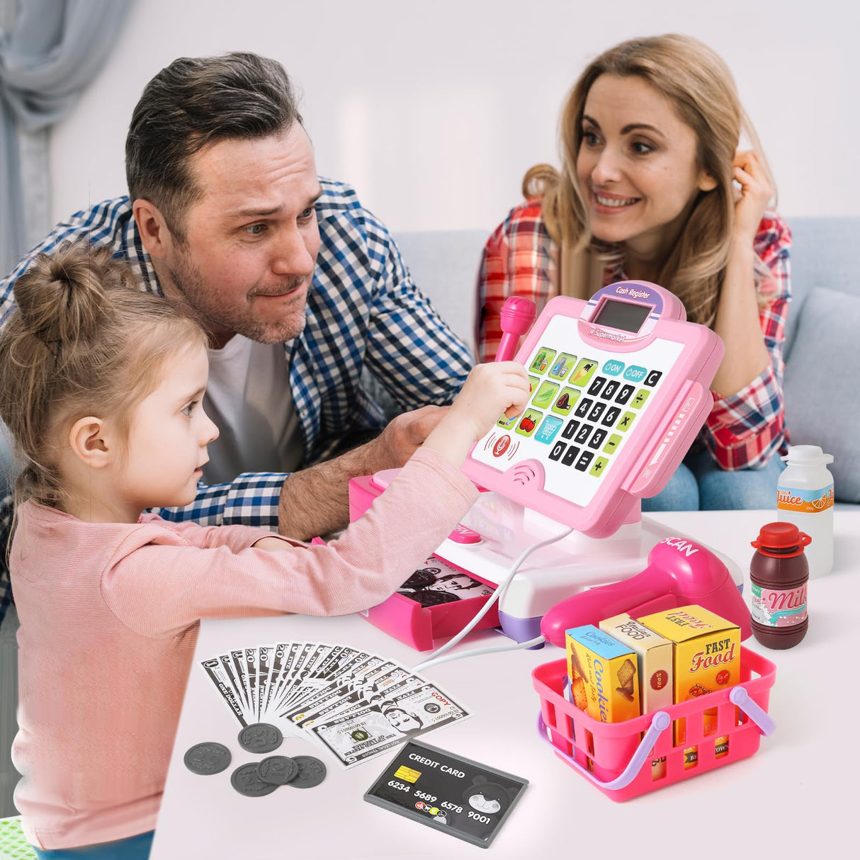 Pretend Play Calculator Cash Register Toy Gift for Kids Girls Age 3, 4, 5, 6, 7, 8+ Year Old, 57 Pcs Pink Grocery Store Playset, Incl Microphone, BAODLON