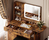 LIKIMIO Vanity Desk with Drawers & LED Lighted Mirror & Power Outlet & Cabinet, Storage Stool, Stylish Bedroom Makeup Table Set, Vintage Brown LIKIMIO