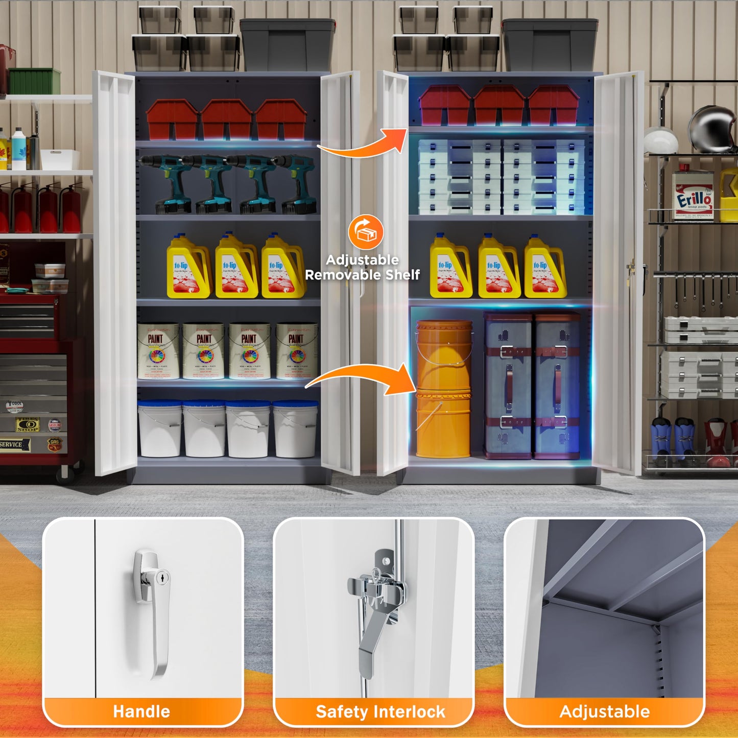 INTERGREAT Metal Garage Storage Cabinet, 72" Tall Locking Storage Cabinet with 2 Doors and 4 Adjustable Shelves, Steel Tool Locking Cabinet for Home