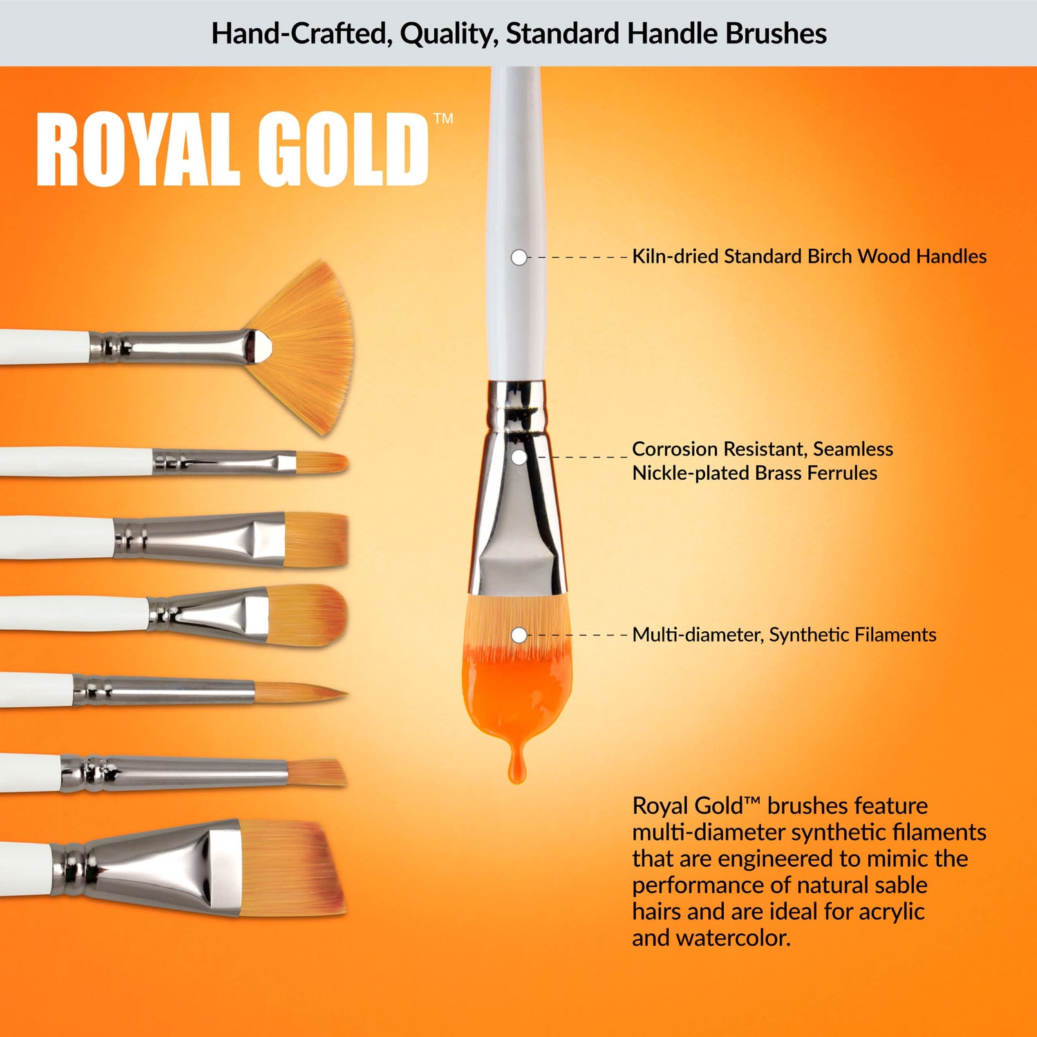 Royal Gold Royal & Langnickel 11pc Beginner Brush Set, Includes - Shader, Angular, Filbert, Detail, Script, Liner, Deerfoot & Fan Brushes Royal Gold