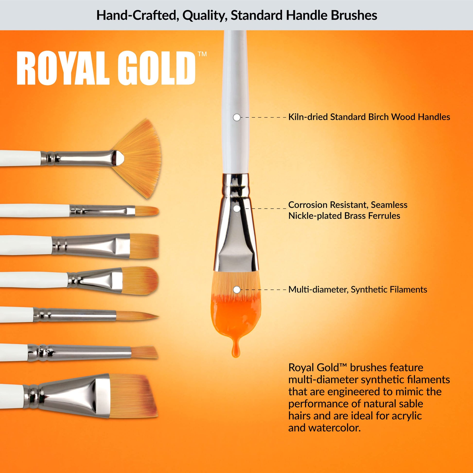 Royal Gold Royal & Langnickel 11pc Beginner Brush Set, Includes - Shader, Angular, Filbert, Detail, Script, Liner, Deerfoot & Fan Brushes - WoodArtSupply