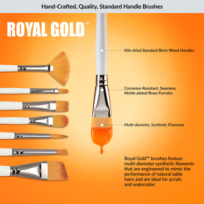 Royal Gold Royal & Langnickel 11pc Beginner Brush Set, Includes - Shader, Angular, Filbert, Detail, Script, Liner, Deerfoot & Fan Brushes - WoodArtSupply