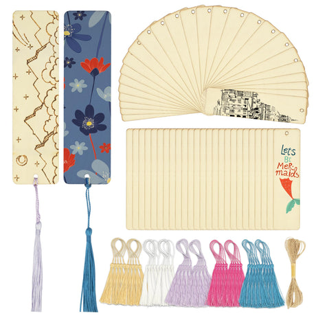 SWATOM Wood Bookmarks Blank DIY Wooden Bookmark Craft Bulk 50 PCS Unfinished Wood Tags Rectangle Shape Ornaments with Holes and Tassels for Wedding SWATOM