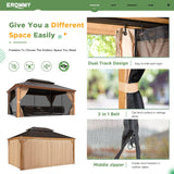 EROMMY 12' x 16' Gazebo, Wooden Finish Coated Aluminum Frame Canopy with Double Galvanized Steel Hardtop Roof, Outdoor Permanent Metal Pavilion with EROMMY