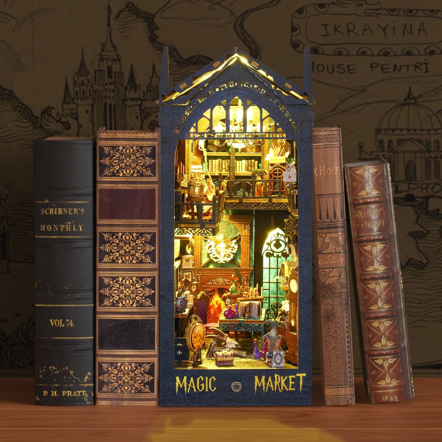 DIY Book Nook Kit, 3D Wooden Miniature Puzzles with LED Light Dollhouse Model Craft Kits for Adults Ideal Bookshelf Insert Decor Birthday Gifts for