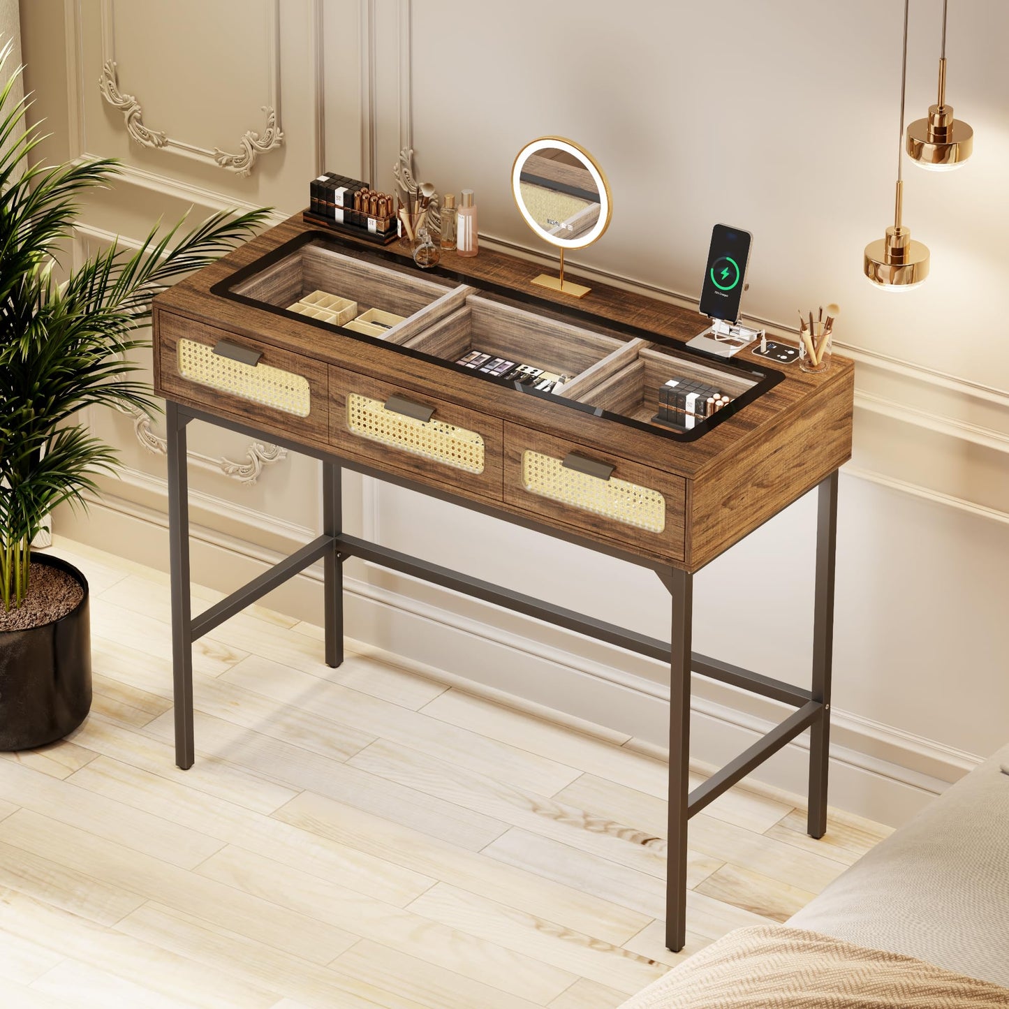 FREDEES Makeup Vanity Desk with Lights - Vanity Table with Glass Top Design & Charging Station, Vintage Makeup Desk with Rattan Drawers, Rustic Brown
