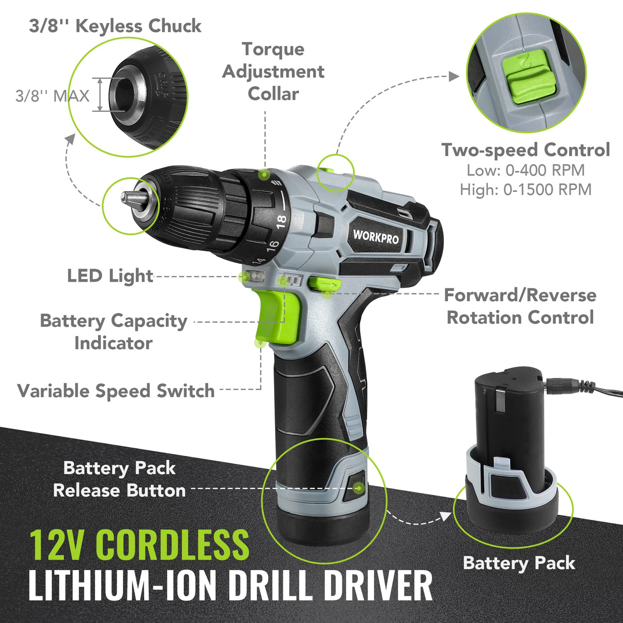 WORKPRO Home Tool Kit with Power Drill, 108PCS Power Home Tool Set with 12V 1.5 Ah Battery Powered Screwdriver and Tool Box, Electric Cordless Drill WORKPRO