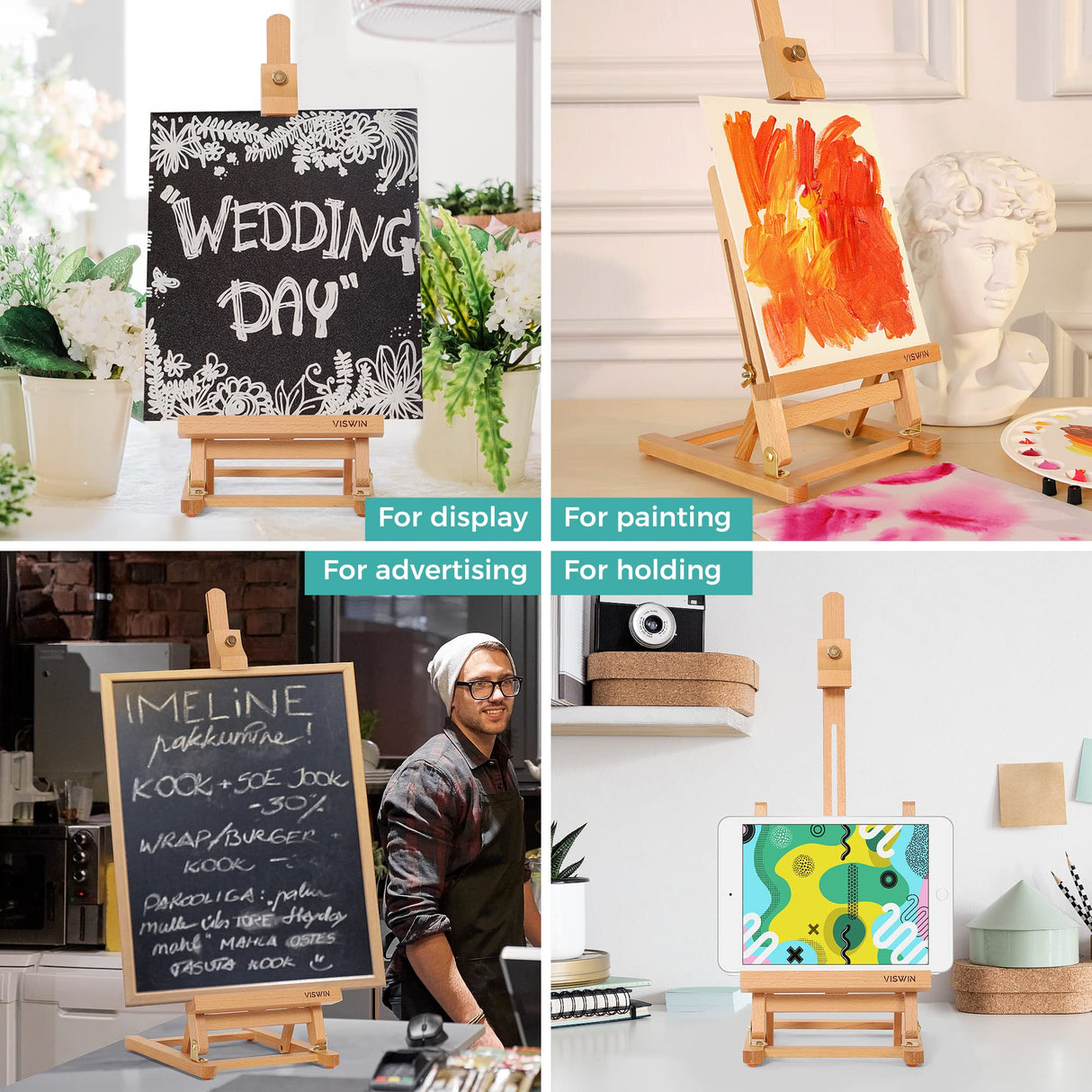 VISWIN 25"H Basic Tabletop H-Frame Easel, Hold Canvas up to 16", Adjustable Sturdy Beech Wood Desktop Art Easel, Portable Painting & Display Table VISWIN