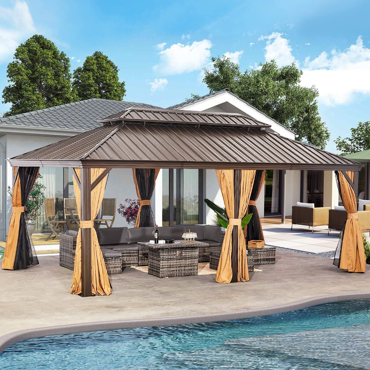 oneinmil 12x20FT Outdoor Gazebo, Heavy Duty Metal Double Roof Hardtop Gazebo with Aluminum Frame and Netting and Curtains for Patios oneinmil