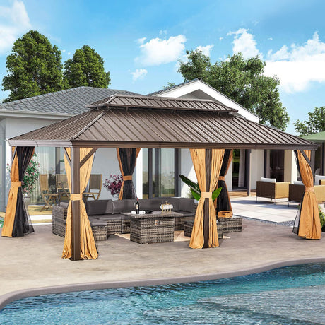 oneinmil 12x20FT Outdoor Gazebo, Heavy Duty Metal Double Roof Hardtop Gazebo with Aluminum Frame and Netting and Curtains for Patios oneinmil