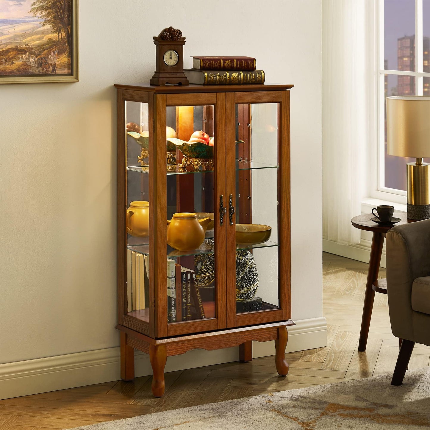 Brabrety Exquisite Wooden Curio Display Cabinet with Lighted and Tempered Glass Doors,Adjustable Shelves and Mirrored Back Panel,for Living Room