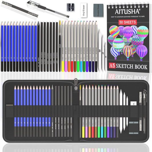 AITUSHA 42-Piece Drawing and Sketching Kit: Comprehensive Art Set for Artists, Watercolor Pencils, Sketch Kit, 50-Page Sketchbook, Black Zipper Case - WoodArtSupply