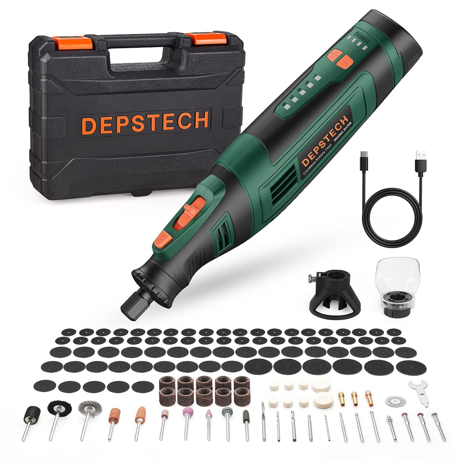 DEPSTECH Cordless Rotary Tool Kit, 8V 2.0Ah Rechargeable Battery, 30000RPM 5-Speed Multi Power Carving Tools, 127Pcs Accessories, Shield Attachment, DEPSTECH