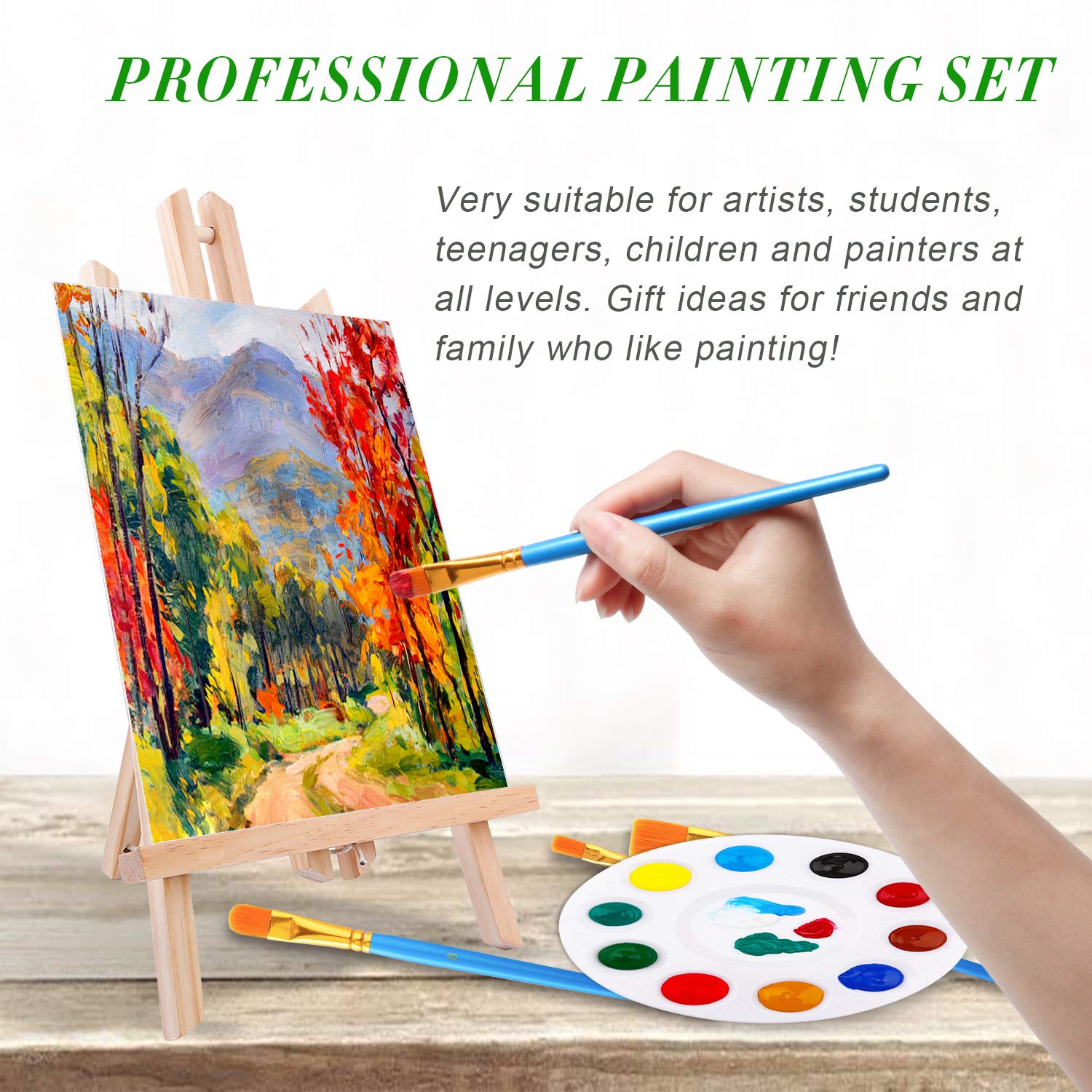 Acrylic Painting Set with 1 Wooden Easel 3 Canvas Panels30 pcs Nylon Hair Brushes 3 PCS Paint Plates and 2 PCS of 12ml Acrylic Paint in 12 Colors for ESRICH