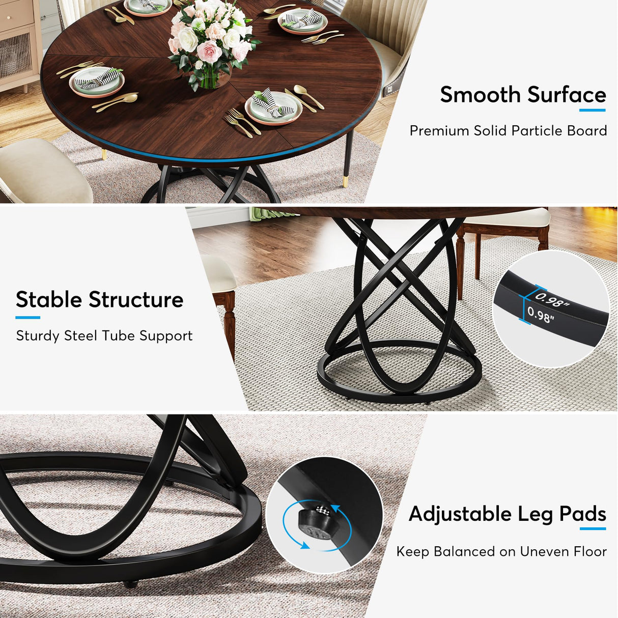 Tribesigns Round Dining Table for 4, 47 Inch Dinner Table Circle Kitchen Table with Metal Base, Wood Dining Room Table Cofee Table for Kitchen, Tribesigns