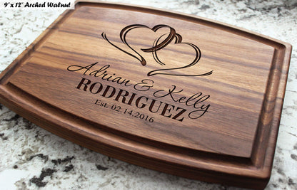 Personalized Cutting Board, Custom Wedding, Anniversary or Housewarming Gift Idea, Wood Engraved Charcuterie, for Newlyweds and Couples, Two Hearts - WoodArtSupply