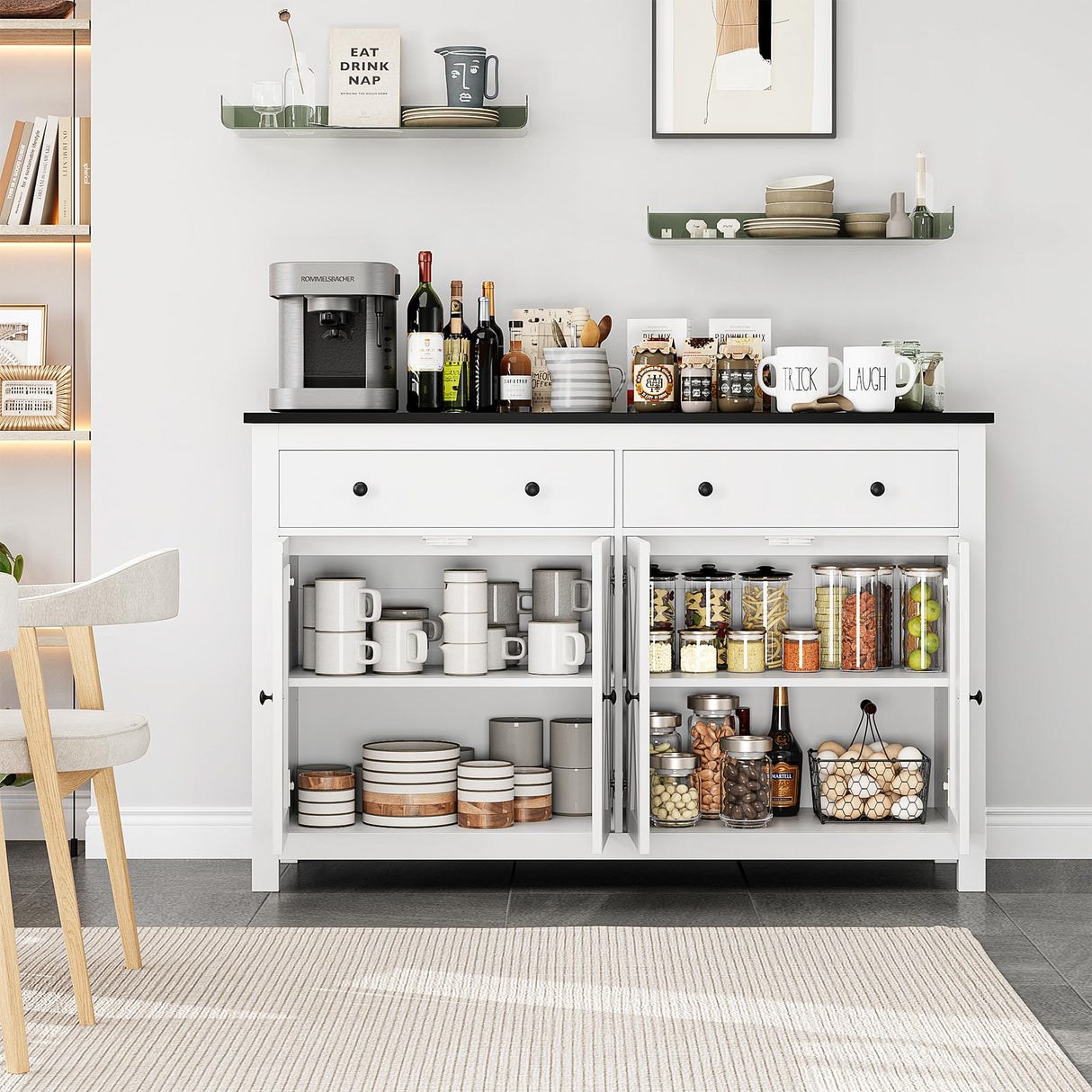 FOTOSOK Sideboard Buffet Cabinet with Storage, 55" Large Kitchen Storage Cabinet with 2 Drawers and 4 Doors, Wood Coffee Bar Cabinet Buffet Table for FOTOSOK