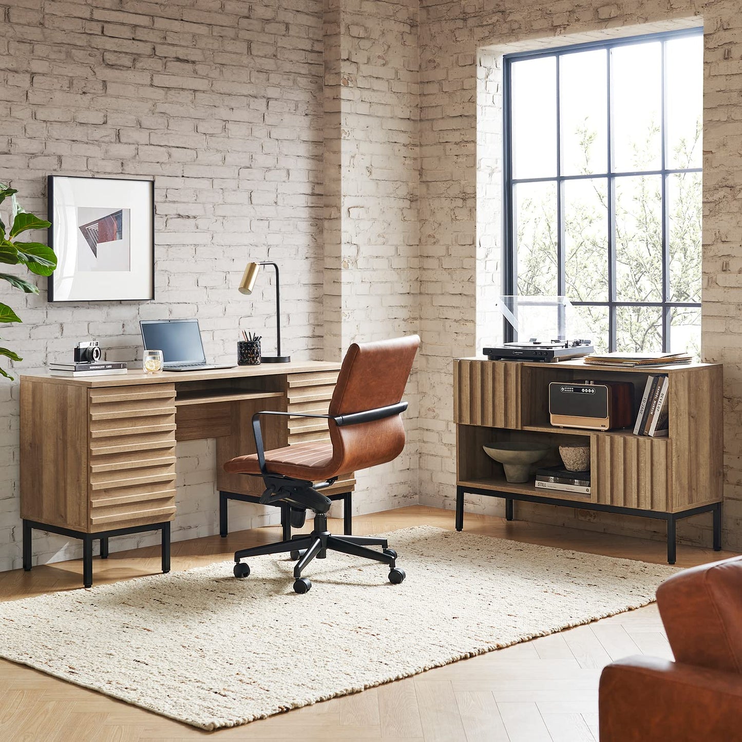 mopio Norwin Executive Desk, Modern Industrial Farmhouse Desks for Home Office, with Sturdy Metal Legs, Fluted Panel Dual Cabinet Soft Close Door,