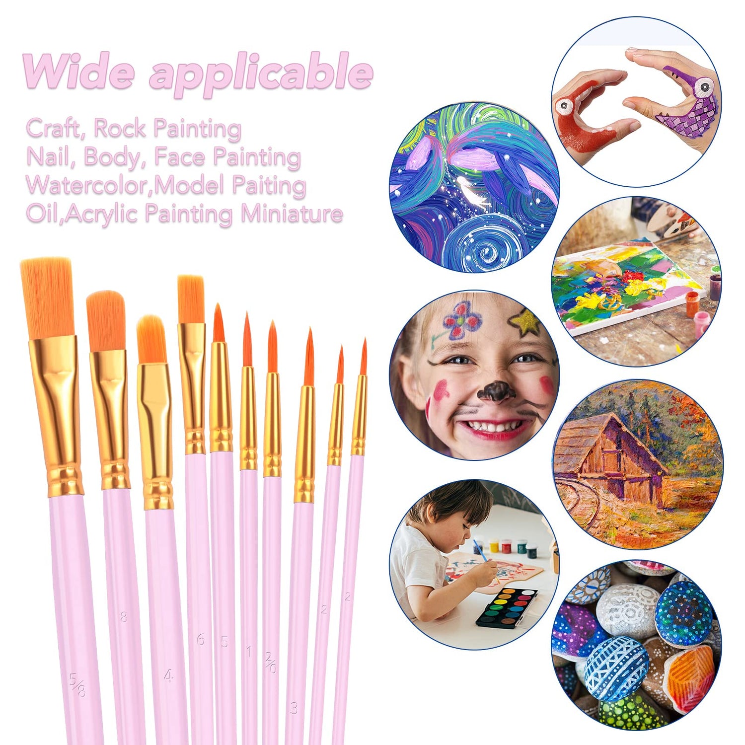 ESRICH Acrylic Paint Brushes Set, 16 Packs/160 Pcs, Pink, Suitable for Acrylic, Oil, Watercolor,Rock Body Face Nail Art,Perfect Suit of Art Painting, ESRICH