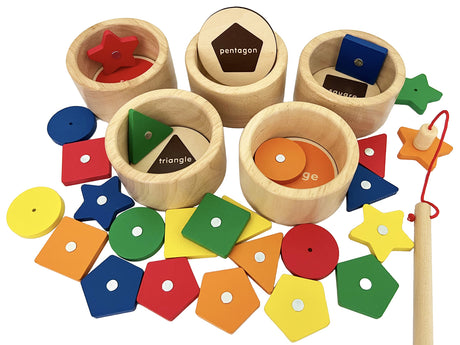 Dailyfunn Montessori Toy Wooden Sorting Cup&Fishing Game 2-in-1 Colors Shapes Sorting Matching Learning Toys for Toddlers 1-3 Year Old D Dailyfunn
