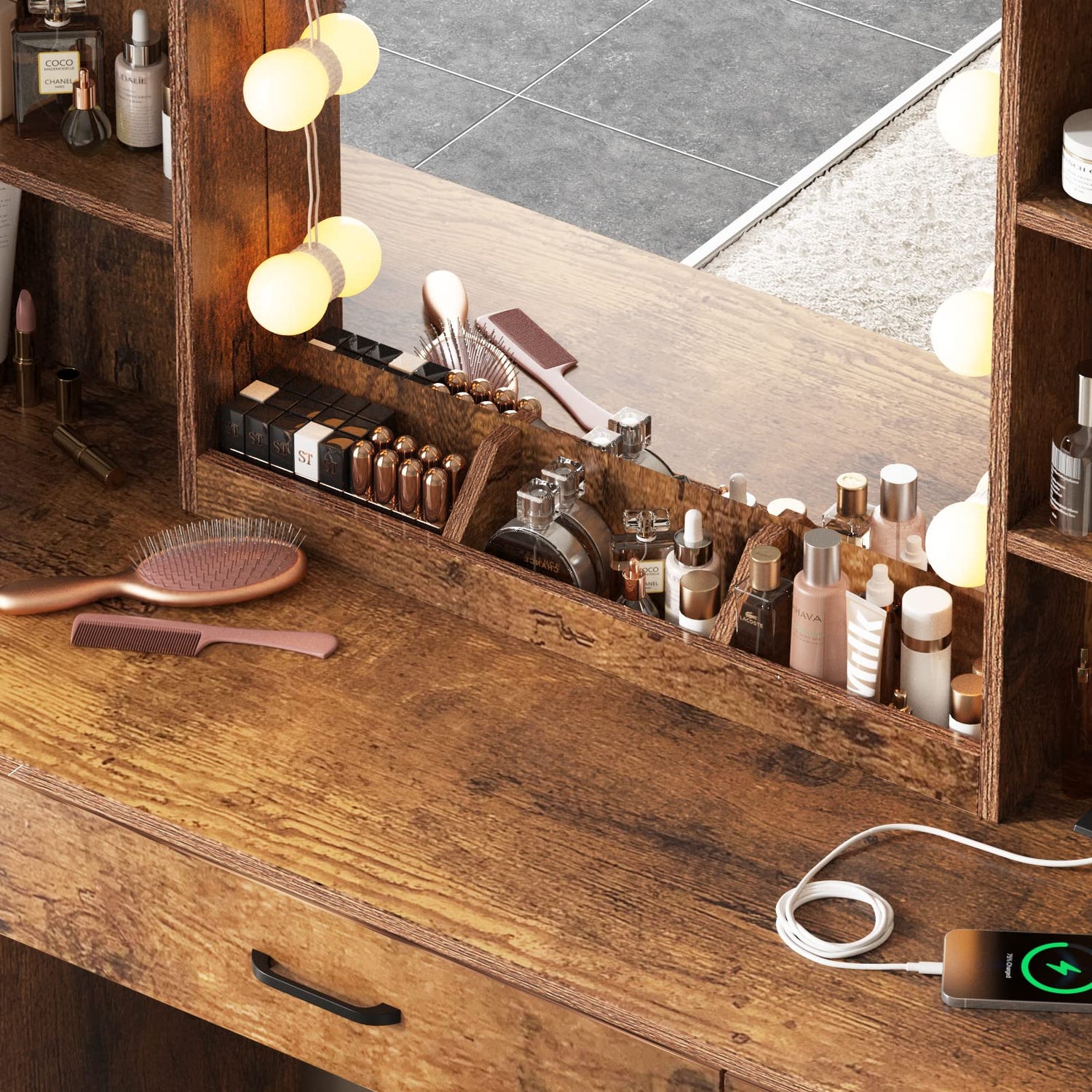 Vabches Makeup Vanity Table with Lighted Mirror & Power Strip, Large Vanity Set Vanity Desk with Lots Storage, 3 Lighting Modes, Brightness Vabches