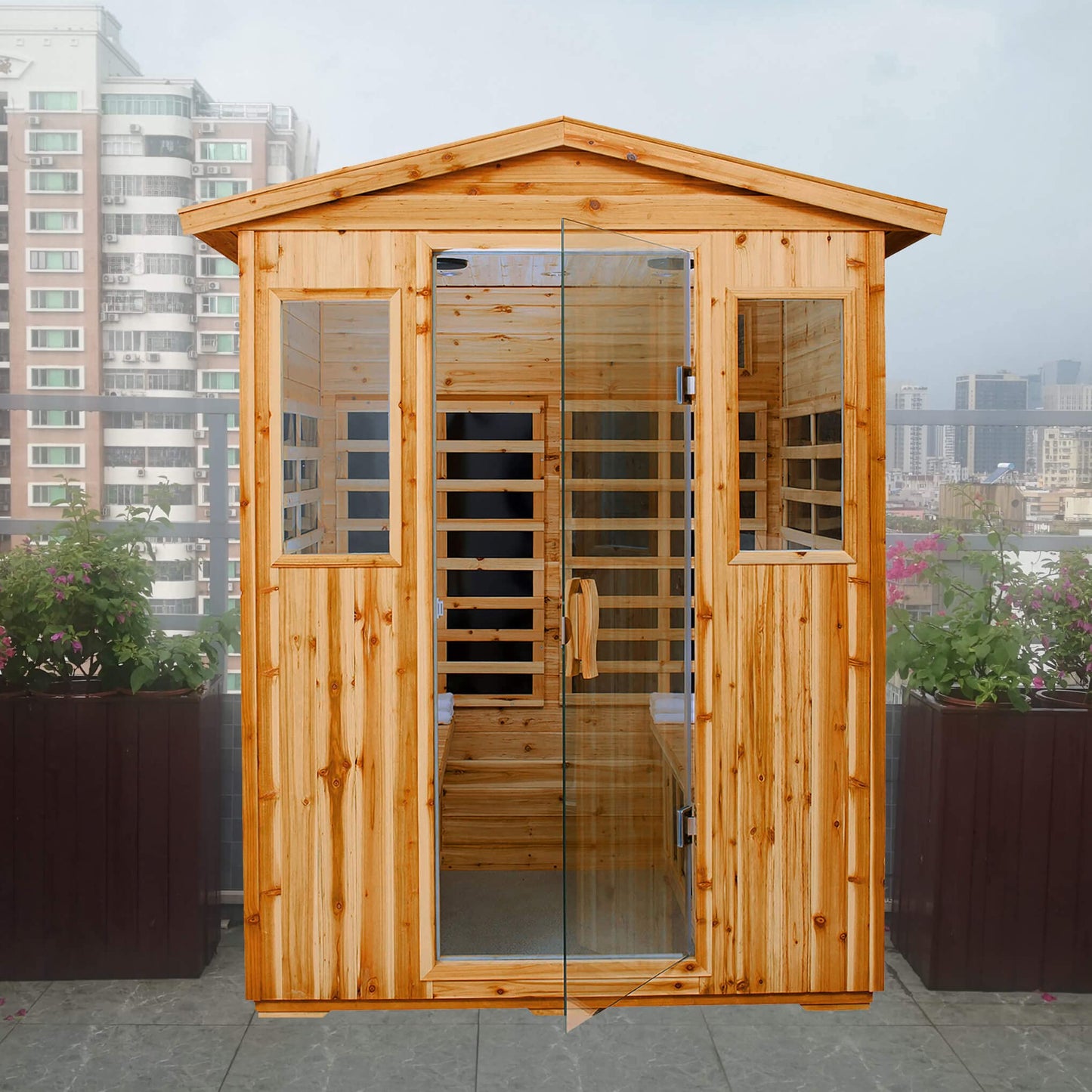 Xmatch Far Infrared Wooden Sauna Room, 4 Person Outdoor Size with 2050W, 8 Low EMF Heaters, 2 Bluetooth Speakers, 2 LED Reading Lamp and 4 - WoodArtSupply