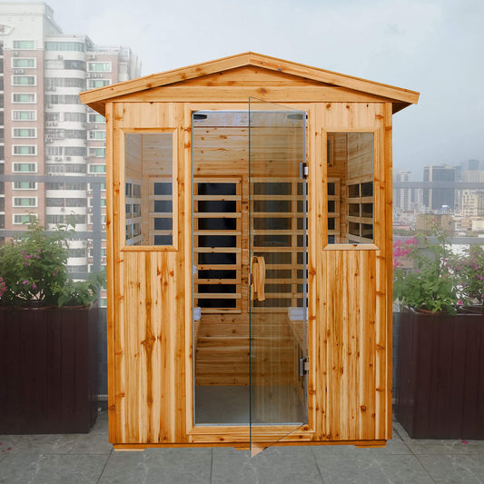 Xmatch Far Infrared Wooden Sauna Room, 4 Person Outdoor Size with 2050W, 8 Low EMF Heaters, 2 Bluetooth Speakers, 2 LED Reading Lamp and 4 - WoodArtSupply