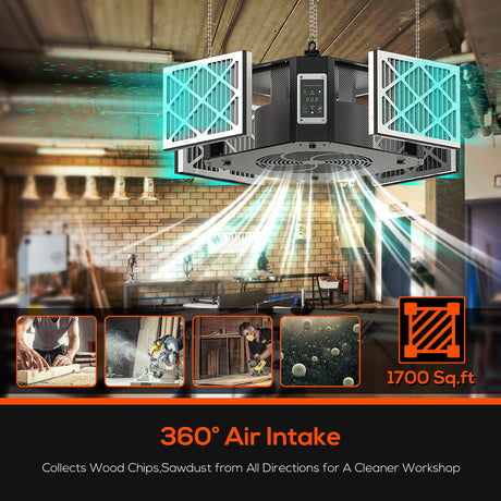 ABESTORM 360 Degree Intake Air Filtration System Woodworking, 1350CFM Hanging Air Filter with Strong Vortex Fan, Shop Dust Collector for Woodworking, Abestorm