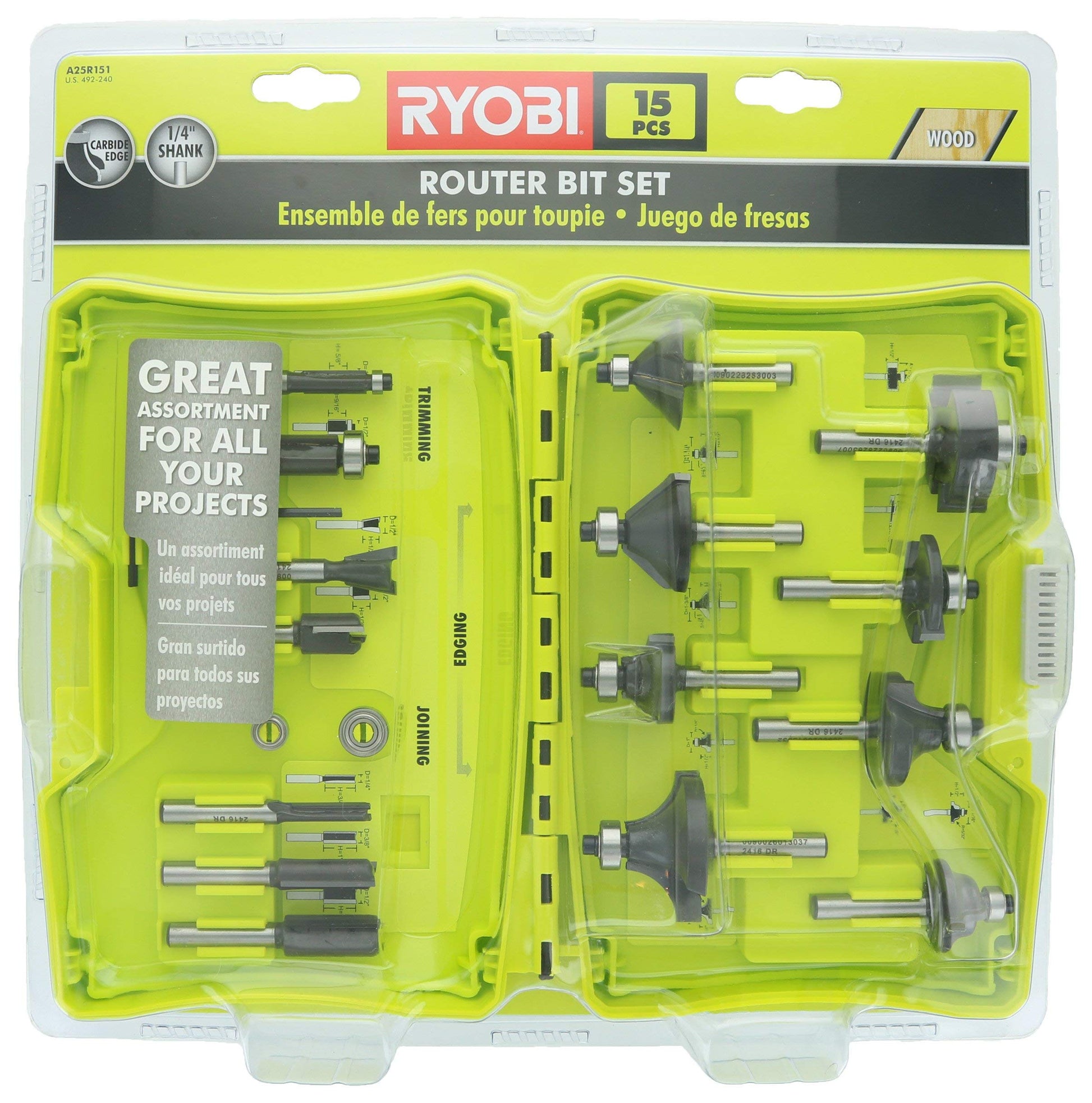 Ryobi A25R151 15 Piece 1/4 Inch Shank Carbide Edge Router Bit Set for Wood - WoodArtSupply