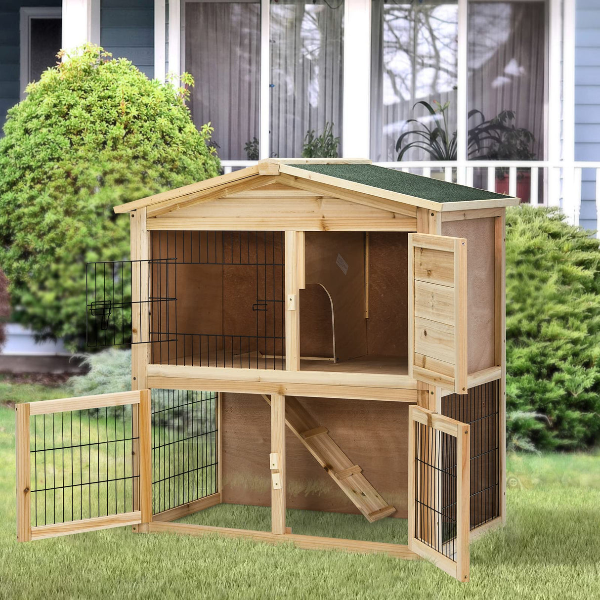 Tangkula Wood Chicken Coop and Rabbit Hutch, Indoor Outdoor Bunny Hutch with Ramp & Run, Hen Guinea Pig Cage with Waterproof Roof Ventilation Door, Tangkula