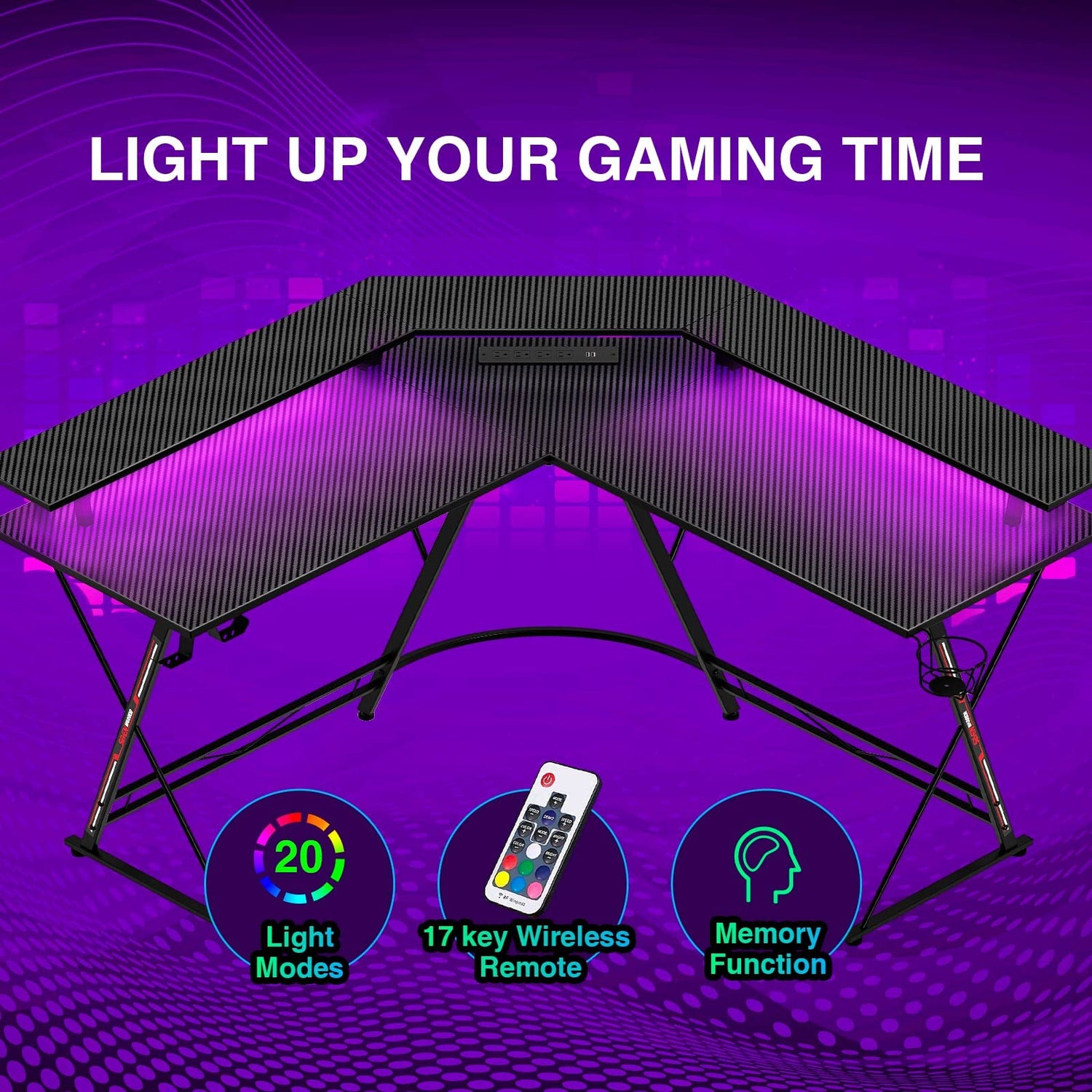 SEVEN WARRIOR L Shaped Gaming Desk with LED Lights & Power Outlets, 50.4” Computer Desk with Monitor Stand & Carbon Fiber Surface, Corner Desk with SEVEN WARRIOR