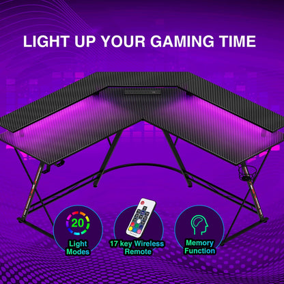 SEVEN WARRIOR L Shaped Gaming Desk with LED Lights & Power Outlets, 50.4” Computer Desk with Monitor Stand & Carbon Fiber Surface, Corner Desk with
