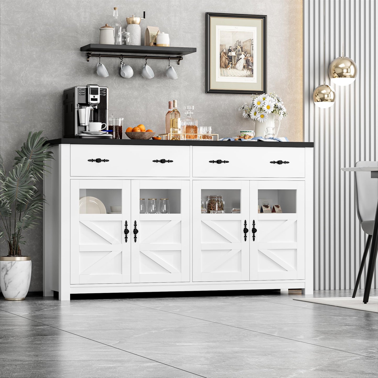 finetones Buffet Cabinet with Storage, 55.1" Large Sideboard Buffet Cabinet, Farmhouse Sideboard Kitchen Cabinet with 2 Drawers and 4 Doors, Wood - WoodArtSupply