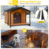 Aivituvin Dog House with Insulated Liner Outdoor All-Around Iron Frame Dog Kennel Outside with Overhang Roof Large Porch Weatherproof Aivituvin